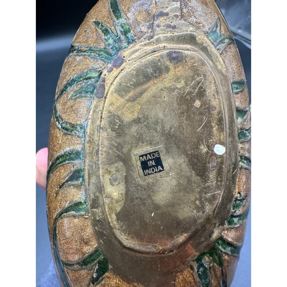 Vintage Embossed‎ Floral Brass Vase with Enamel Accents Indian Artisan Metalwork